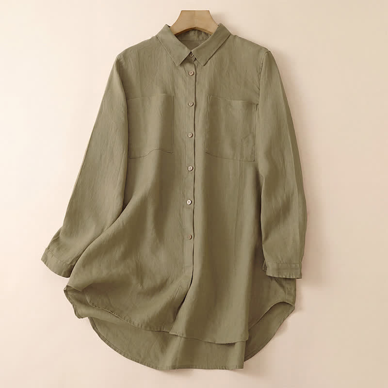 Buddha Stones Spring Fall Casual Minimalist Button-Up Solid Women's Long Sleeve Shirts With Patch Pockets - DarkKhaki - US8-10, UK/AU12-14, EU40-42 (2XL) - image 0