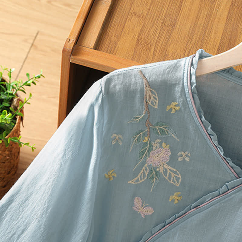 Buddha Stones Summer Tang Style Vintage Embroidery Floral Leaves Women's Elbow-Length Sleeve Shirts - image 22