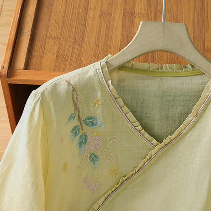 Buddha Stones Summer Tang Style Vintage Embroidery Floral Leaves Women's Elbow-Length Sleeve Shirts - image 14