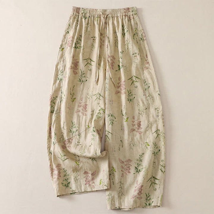 Buddha Stones Spring Summer Casual Boho Drawstring Floral Leaves Cropped Pants Women's Harem Pants With Pockets - Beige - US8-10, UK/AU12-14, EU40-42 (2XL) - image 6