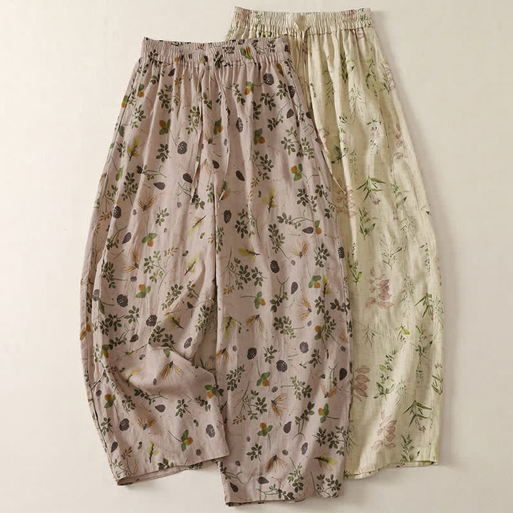 Buddha Stones Spring Summer Casual Boho Drawstring Floral Leaves Cropped Pants Women's Harem Pants With Pockets - image 11