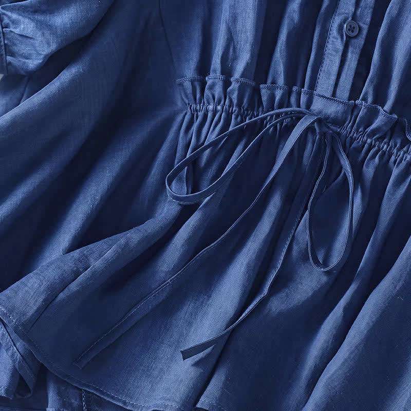 Buddha Stones Summer Casual Boho Button-Up Drawstring Solid Flared Hem Women's Short Sleeve Shirts - image 5