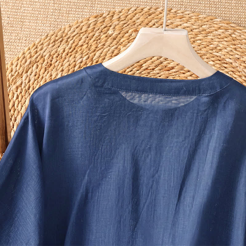 Buddha Stones Summer Casual Boho Button-Up Drawstring Solid Flared Hem Women's Short Sleeve Shirts - image 3