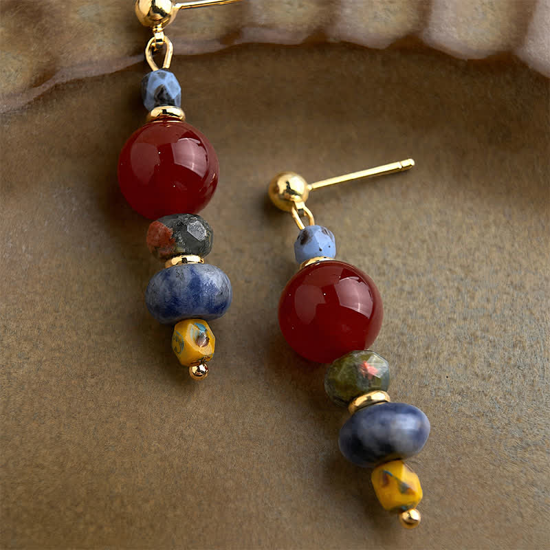 Buddha Stones Red Agate Unakite Blue Spot Jasper Confidence Drop Earrings - image 3