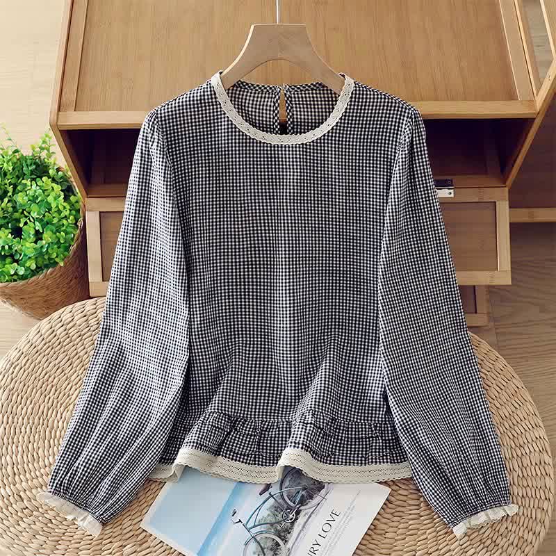 Buddha Stones Spring Fall Vintage Elegant Plaid Lace Trim Women's Long Sleeve T-Shirt - SteelBlue - US8-10, UK/AU12-14, EU40-42 (2XL) - image 0