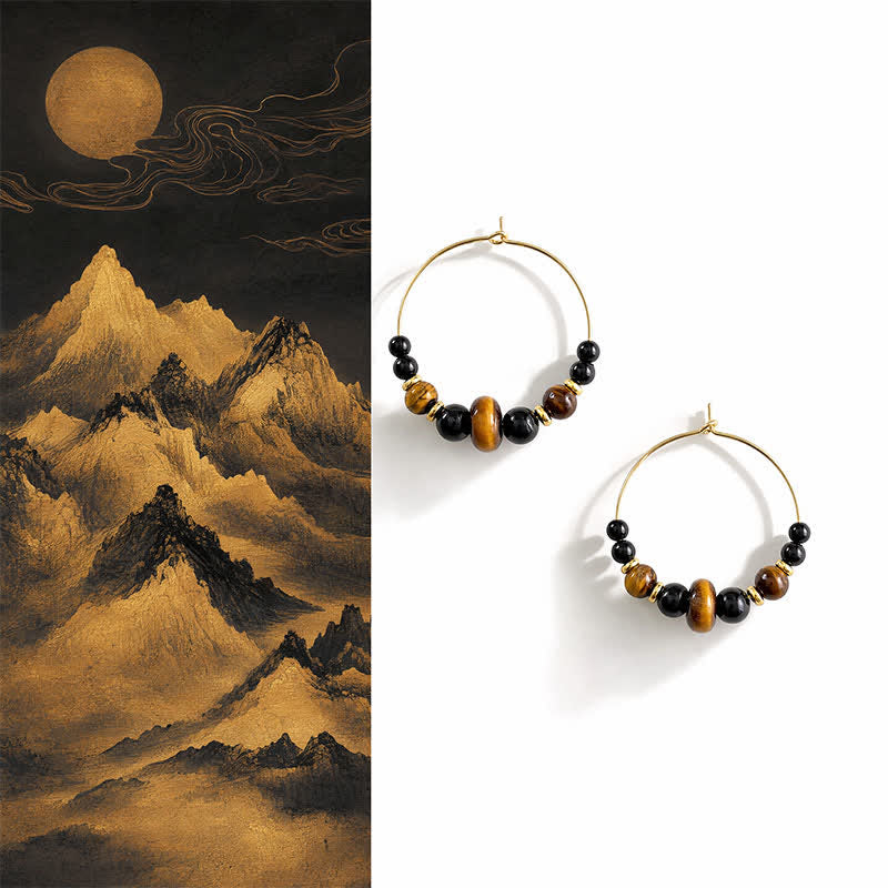 Buddha Stones Black Onyx Tiger Eye Protection Hoop Earrings - Black Onyx(Copper Posts) - image 0