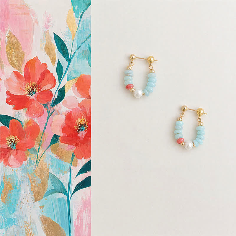 Buddha Stones Shoushan Stone Pearl Beaded Hoop Positive Earrings - Shoushan Stone(Copper Posts) - image 0