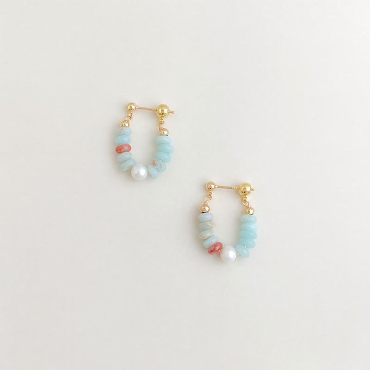 Buddha Stones Shoushan Stone Pearl Beaded Hoop Positive Earrings - image 1