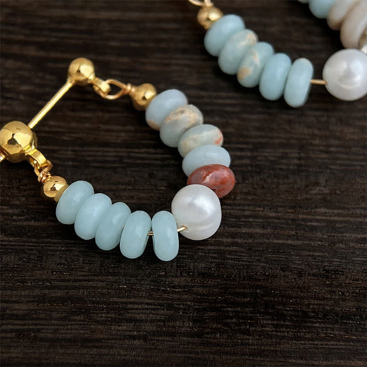Buddha Stones Shoushan Stone Pearl Beaded Hoop Positive Earrings - image 3