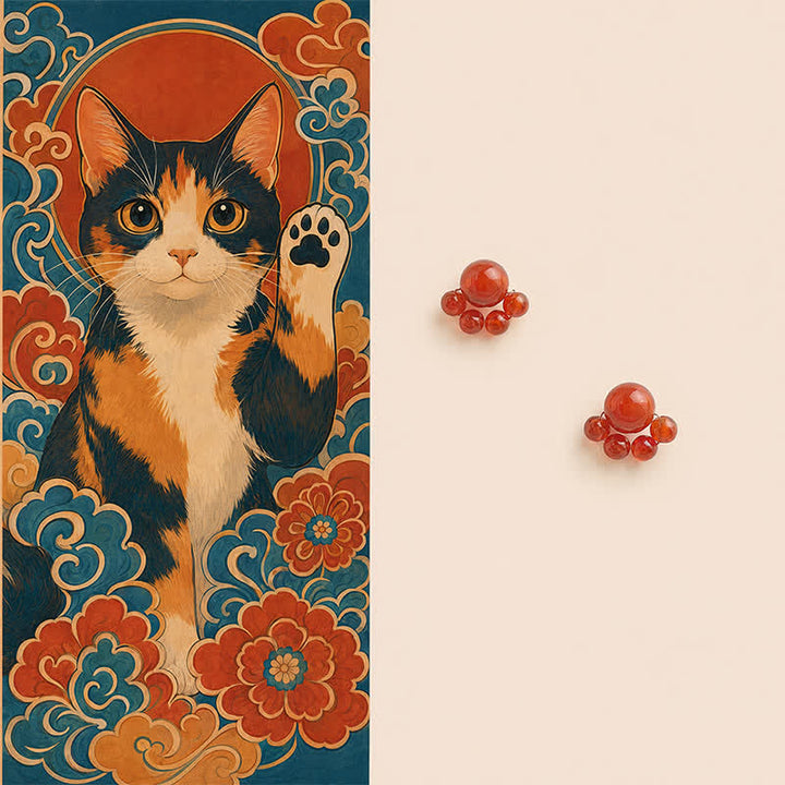Buddha Stones Red Agate Handmade Cat Paw Design Confidence Earrings - Red Agate(Copper Posts) - image 0