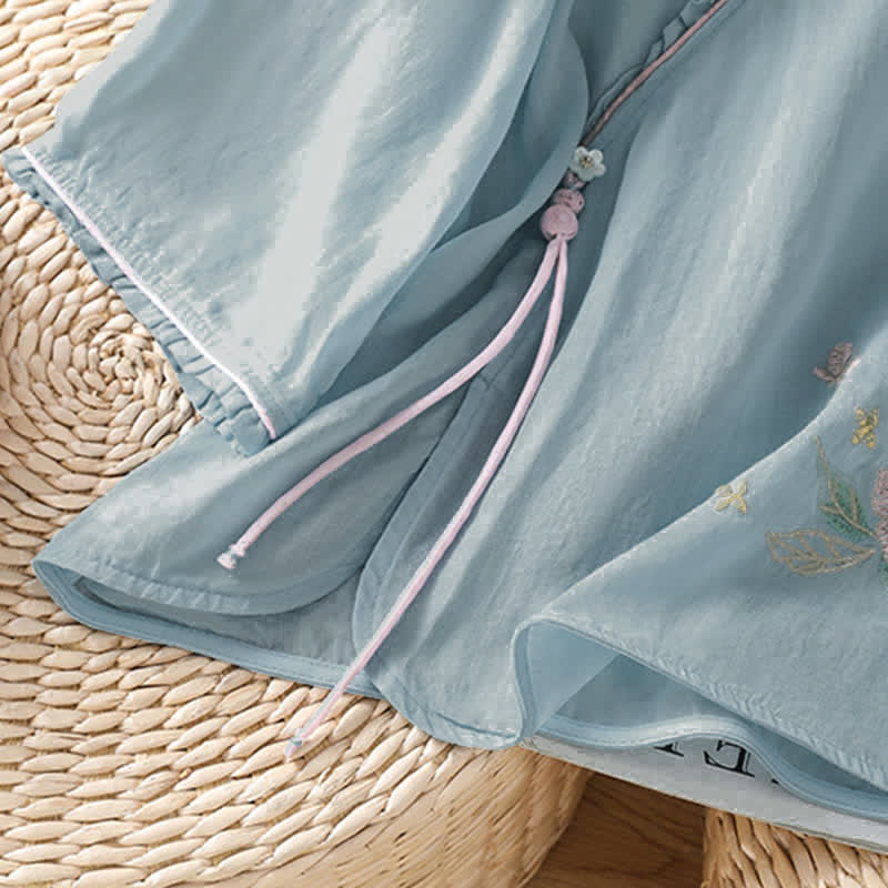 Buddha Stones Summer Tang Style Vintage Embroidery Floral Leaves Women's Elbow-Length Sleeve Shirts - image 23