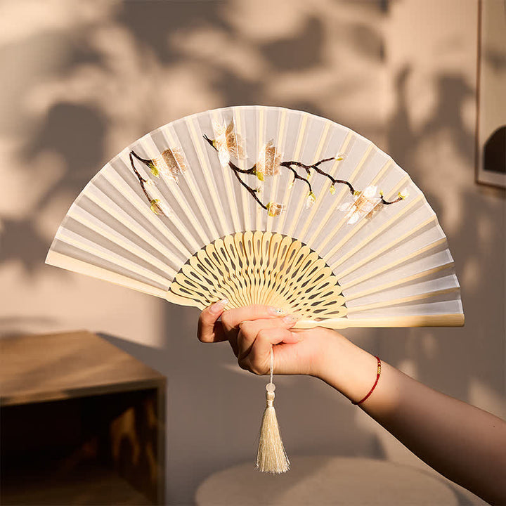 Buddha Stones Beige Magnolia Floral Elegant Bamboo Folding Fan 21 cm - Magnolia (Closed Size: Approx. 21 cm / 8.3 in) - image 0