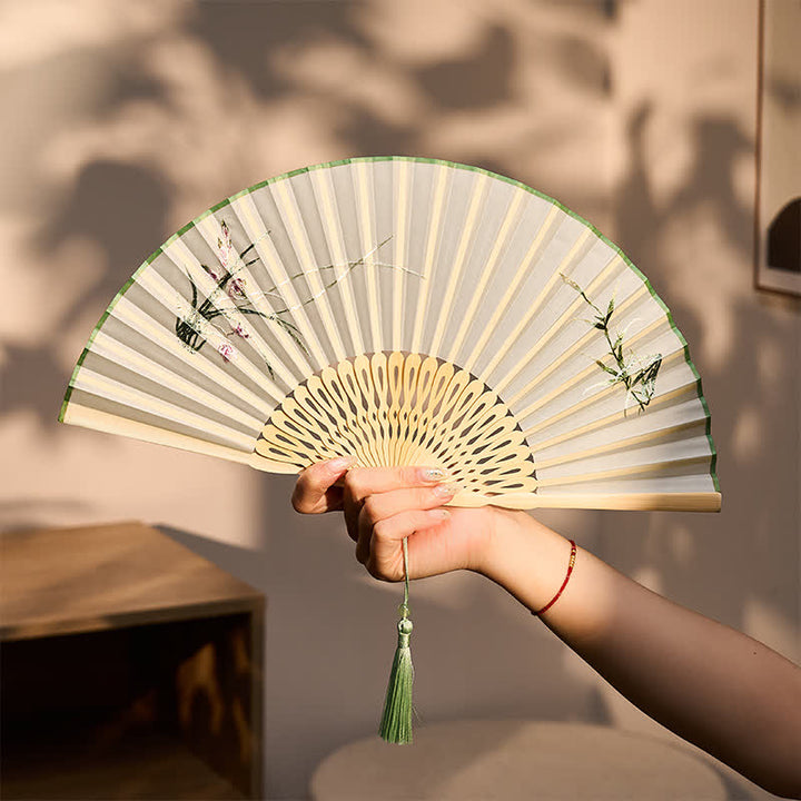 Buddha Stones Vintage Bamboo Orchid Willows Swallows Floral Pattern Growth Tassel Bamboo Folding Fan - image 7