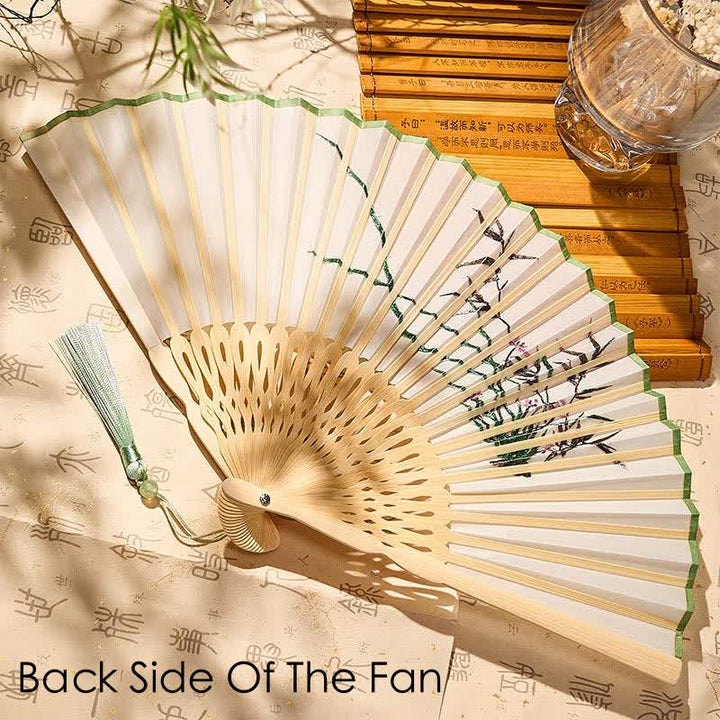 Buddha Stones Vintage Bamboo Orchid Willows Swallows Floral Pattern Growth Tassel Bamboo Folding Fan - image 14