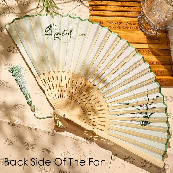 Buddha Stones Vintage Bamboo Orchid Willows Swallows Floral Pattern Growth Tassel Bamboo Folding Fan - image 8