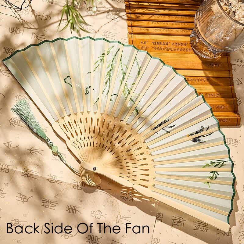 Buddha Stones Vintage Bamboo Orchid Willows Swallows Floral Pattern Growth Tassel Bamboo Folding Fan - image 2