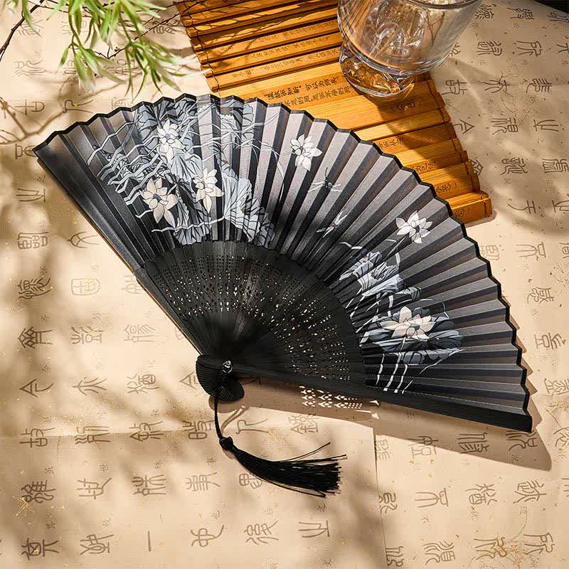Buddha Stones Lotus Leaves Dragonfly Purity Bamboo Folding Fan 21 cm - Lotus(Closed Size: Approx. 21 cm / 8.3 in) - image 0