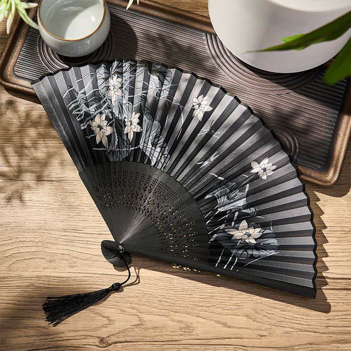 Buddha Stones Lotus Leaves Dragonfly Purity Bamboo Folding Fan 21 cm - image 1