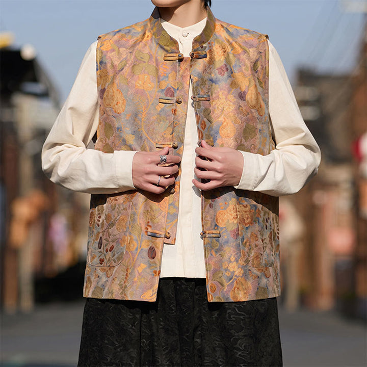 Buddha Stones Spring Summer Fall Tang Style Vintage Mandarin Collar Frog Button Floral Men's Vests With Pockets - image 6