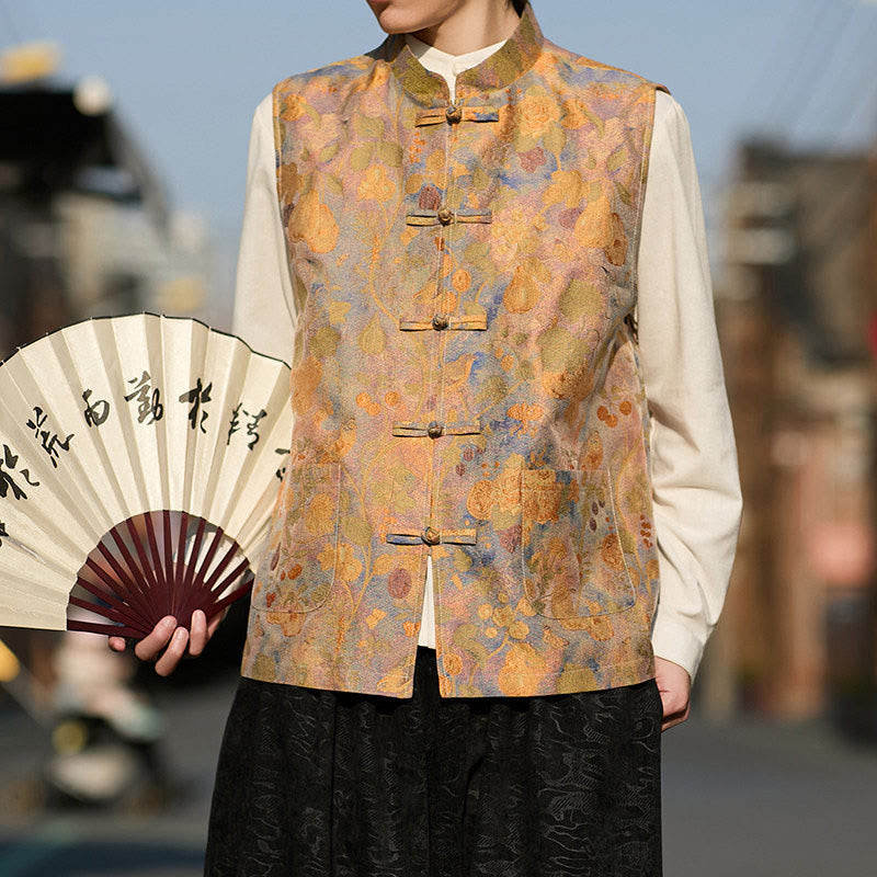 Buddha Stones Spring Summer Fall Tang Style Vintage Mandarin Collar Frog Button Floral Men's Vests With Pockets - image 4