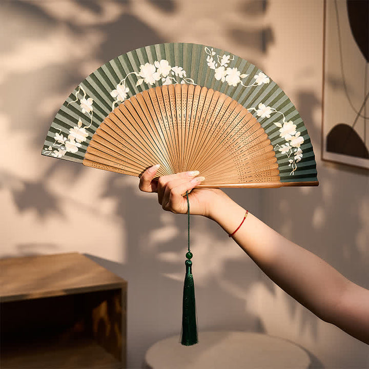 Buddha Stones Retro Flower Paper Folding Fan 22.5 cm - image 3