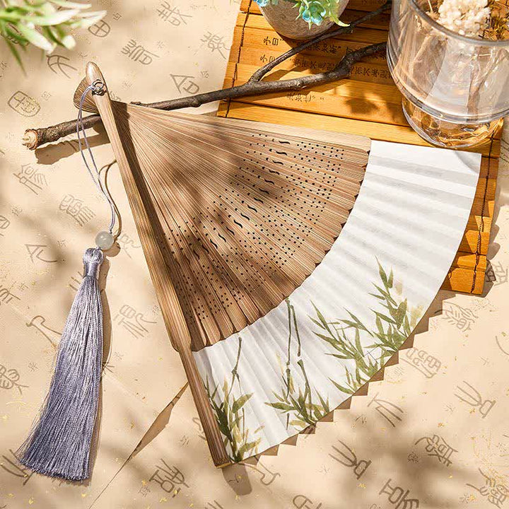 Buddha Stones Bamboo Grove Pattern Oriental Paper Folding Fan 22.5 cm - image 4