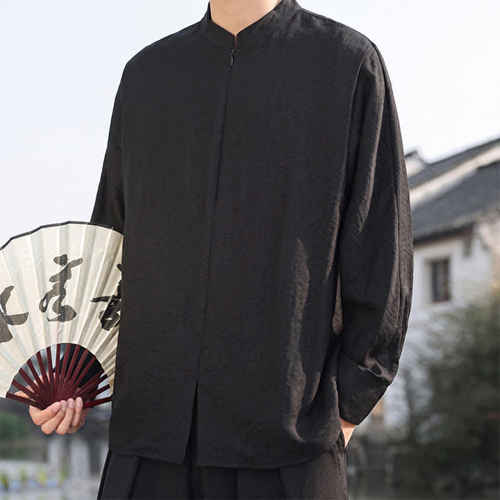 Buddha Stones Spring Summer Casual Minimalist Tang Style Mandarin Collar Solid Men's Long Sleeve Shirts - image 15