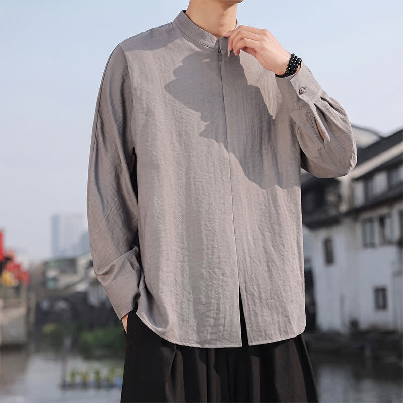 Buddha Stones Spring Summer Casual Minimalist Tang Style Mandarin Collar Solid Men's Long Sleeve Shirts - image 2