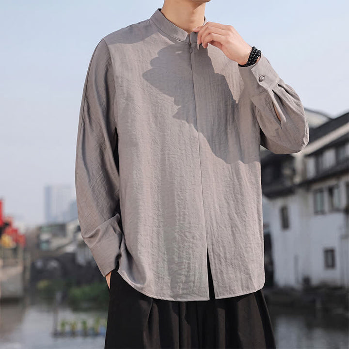 Buddha Stones Spring Summer Casual Minimalist Tang Style Mandarin Collar Solid Men's Long Sleeve Shirts - image 2