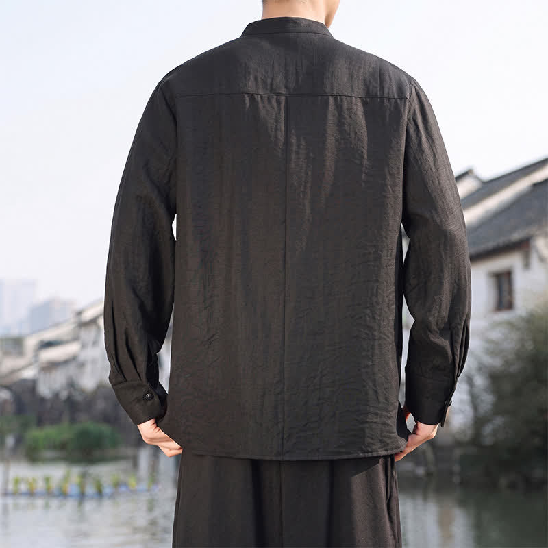 Buddha Stones Spring Summer Casual Minimalist Tang Style Mandarin Collar Solid Men's Long Sleeve Shirts - image 17