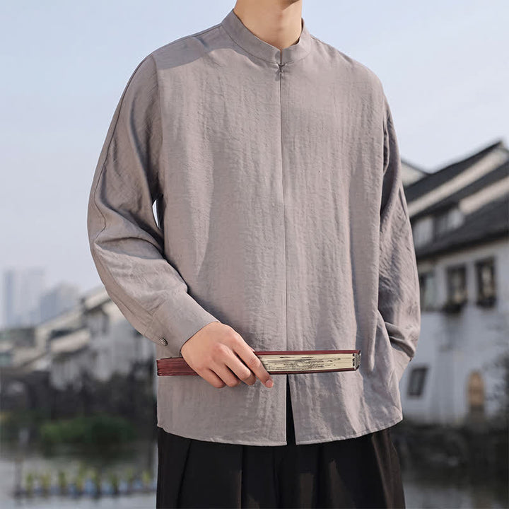 Buddha Stones Spring Summer Casual Minimalist Tang Style Mandarin Collar Solid Men's Long Sleeve Shirts - image 4