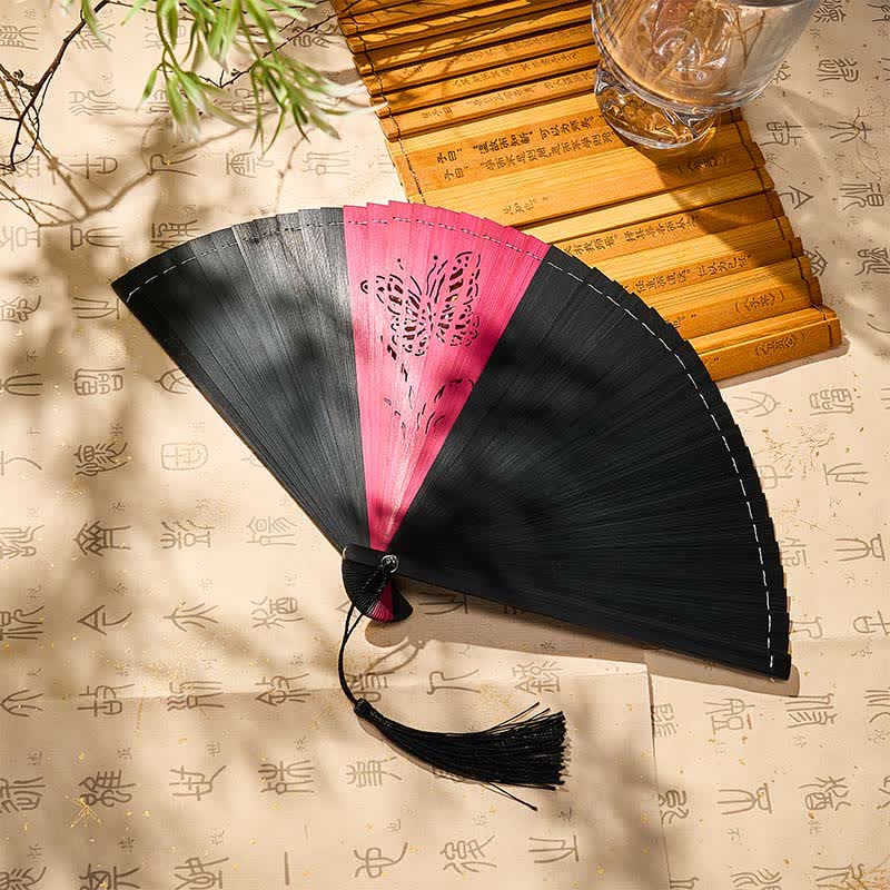 Buddha Stones Bamboo Butterfly Transformation Tassel Chinese Folding Fan - image 1
