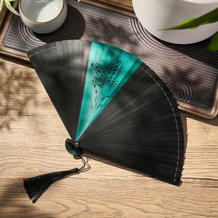 Buddha Stones Bamboo Butterfly Transformation Tassel Chinese Folding Fan - image 11