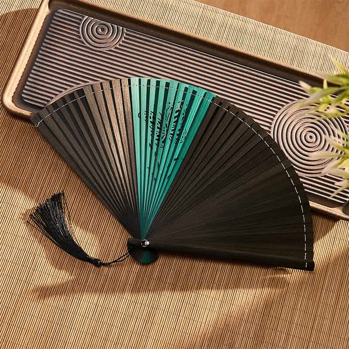 Buddha Stones Bamboo Butterfly Transformation Tassel Chinese Folding Fan - image 12