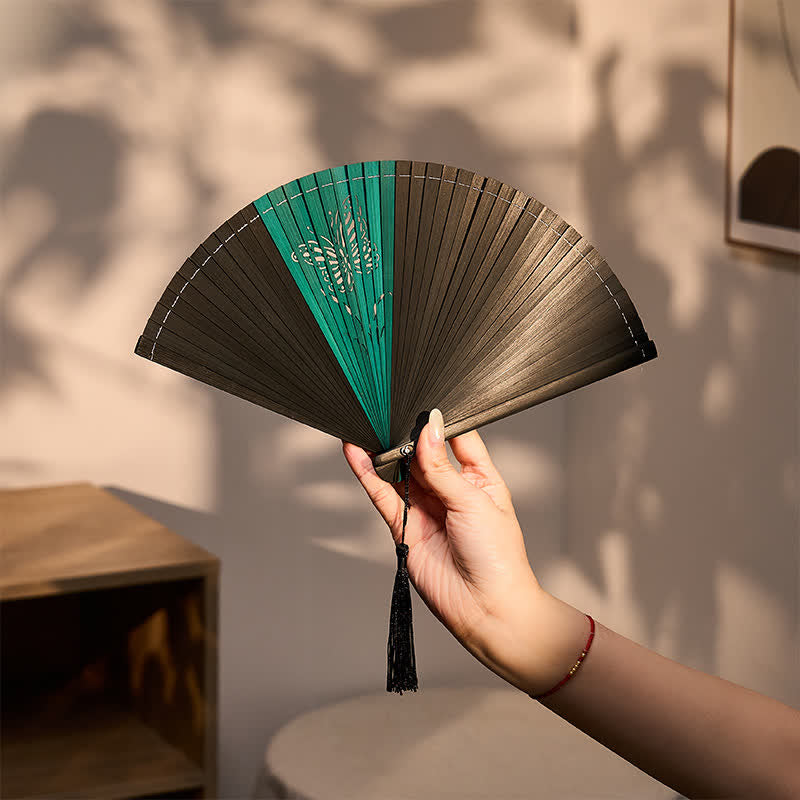 Buddha Stones Bamboo Butterfly Transformation Tassel Chinese Folding Fan - image 13