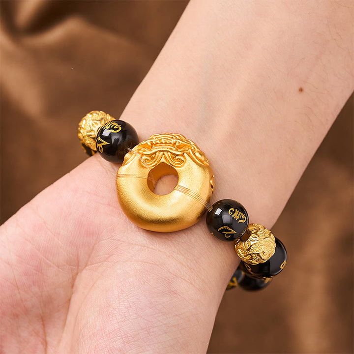 Buddha Stones Black Obsidian Pi Xiu Peace Buckle Om Mani Padme Hum Wealth Bracelet - image 5