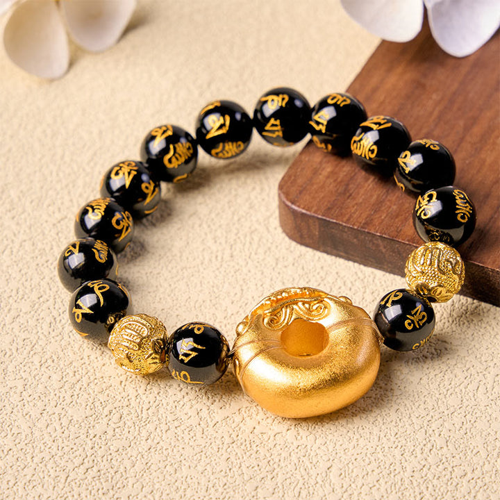 Buddha Stones Black Obsidian Pi Xiu Peace Buckle Om Mani Padme Hum Wealth Bracelet - image 2