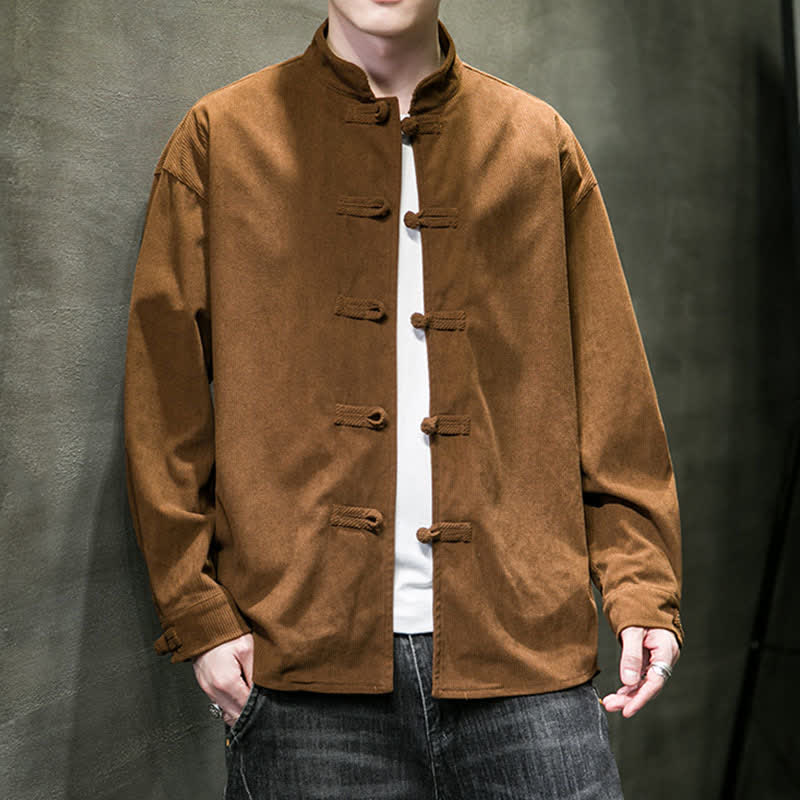 Buddha Stones Fall Winter Casual Tang Style Frog Button Solid Cotton Men's Jacket - image 1
