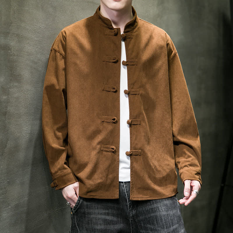 Buddha Stones Fall Winter Casual Tang Style Frog Button Solid Cotton Men's Jacket - Sienna - US/UK/AU46，EU56 (5XL) - image 0