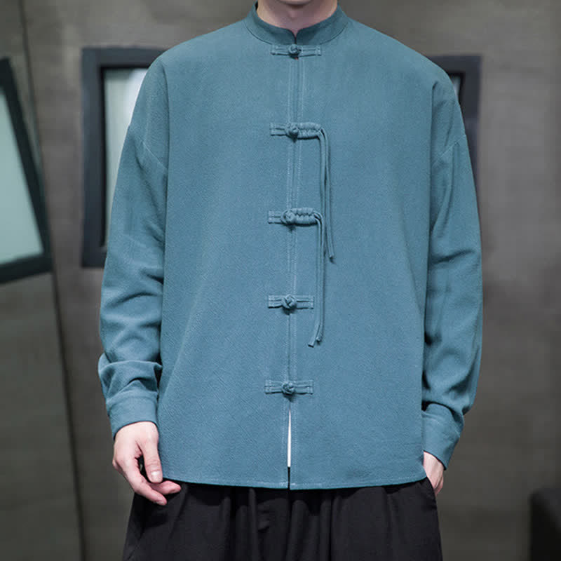 Buddha Stones Fall Winter Tang Style Vintage Frog Button Solid Cotton Linen Men's Jacket - image 3