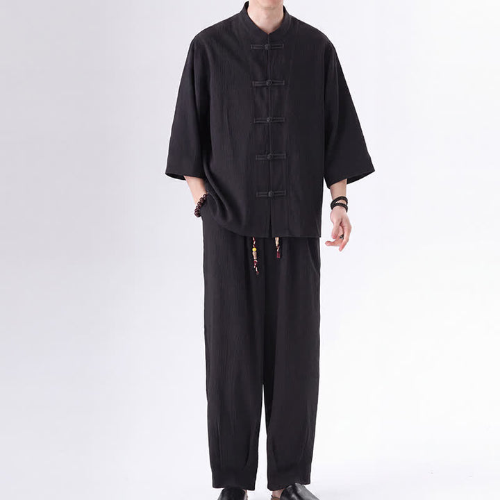 Buddha Stones 2Pcs Spring Tang Style Three-Quarter Sleeve Frog Button Solid Shirt Pants Men's Meditation Cloth With Pocket - image 1