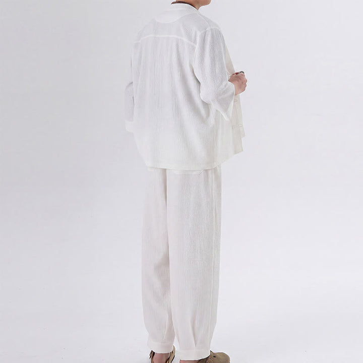 Buddha Stones 2Pcs Spring Tang Style Three-Quarter Sleeve Frog Button Solid Shirt Pants Men's Meditation Cloth With Pocket - image 14