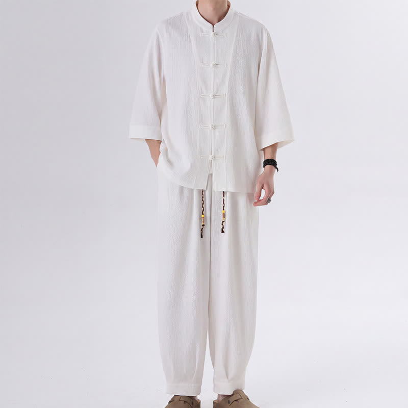 Buddha Stones 2Pcs Spring Tang Style Three-Quarter Sleeve Frog Button Solid Shirt Pants Men's Meditation Cloth With Pocket - White - US/UK/AU46，EU56 (5XL) - image 12