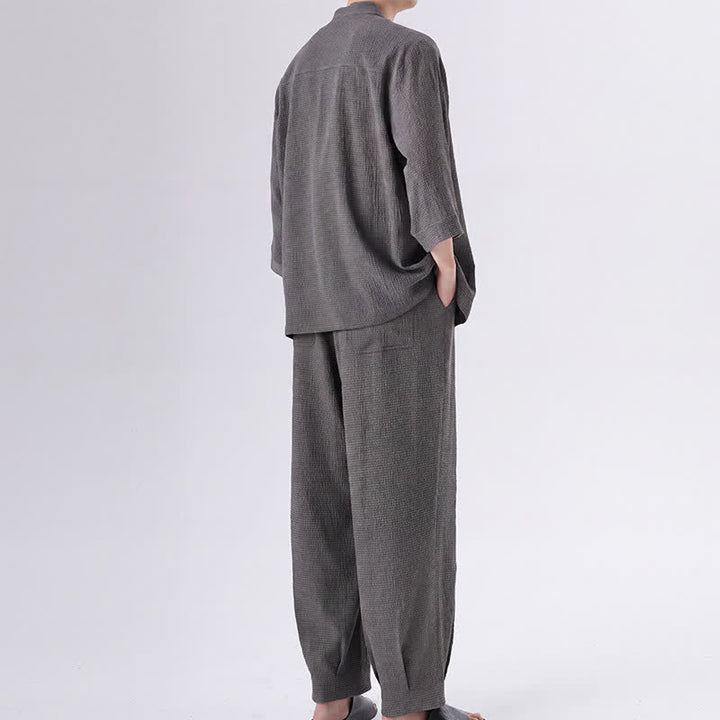 Buddha Stones 2Pcs Spring Tang Style Three-Quarter Sleeve Frog Button Solid Shirt Pants Men's Meditation Cloth With Pocket - image 10