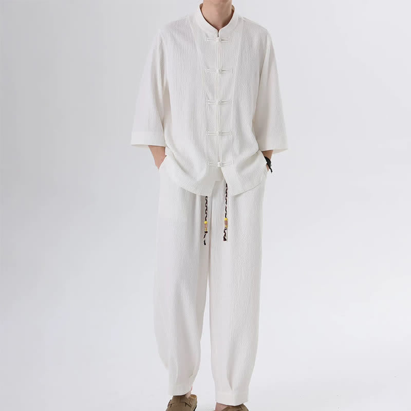 Buddha Stones 2Pcs Spring Tang Style Three-Quarter Sleeve Frog Button Solid Shirt Pants Men's Meditation Cloth With Pocket - image 13