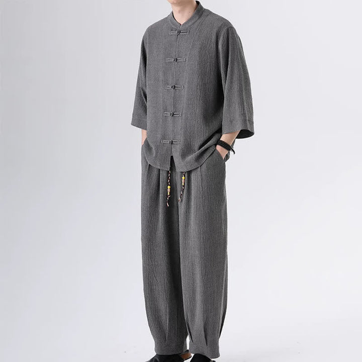 Buddha Stones 2Pcs Spring Tang Style Three-Quarter Sleeve Frog Button Solid Shirt Pants Men's Meditation Cloth With Pocket - image 11