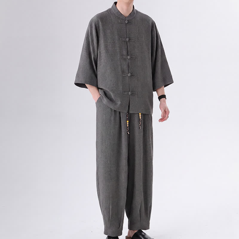 Buddha Stones 2Pcs Spring Tang Style Three-Quarter Sleeve Frog Button Solid Shirt Pants Men's Meditation Cloth With Pocket - DimGray - US/UK/AU46，EU56 (5XL) - image 9