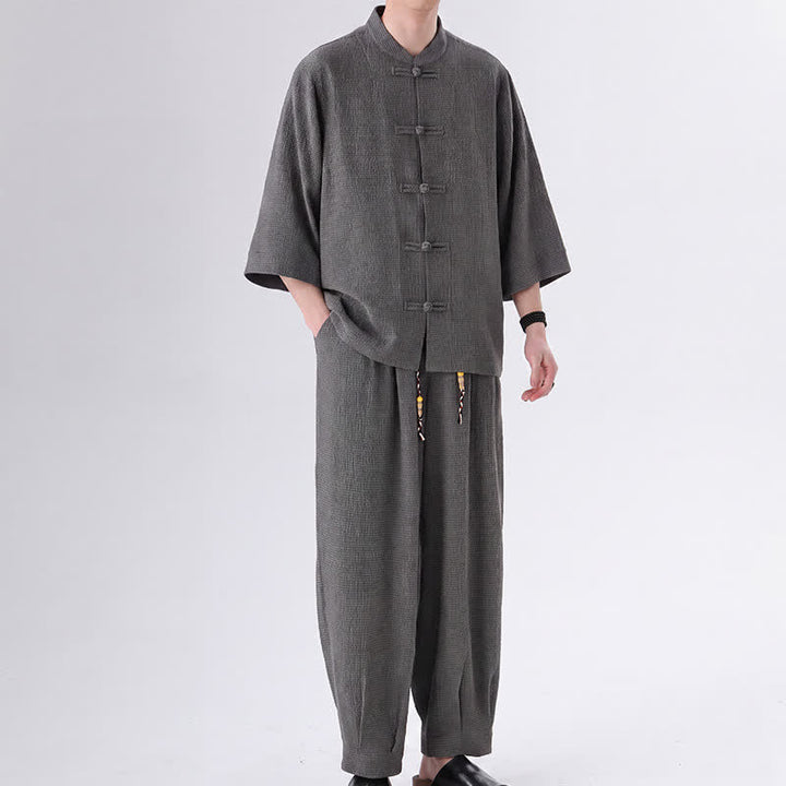 Buddha Stones 2Pcs Spring Tang Style Three-Quarter Sleeve Frog Button Solid Shirt Pants Men's Meditation Cloth With Pocket - DimGray - US/UK/AU46，EU56 (5XL) - image 9
