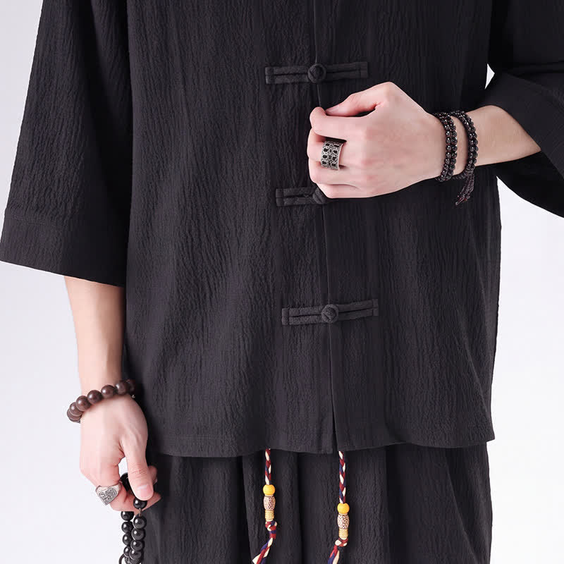 Buddha Stones 2Pcs Spring Tang Style Three-Quarter Sleeve Frog Button Solid Shirt Pants Men's Meditation Cloth With Pocket - image 5