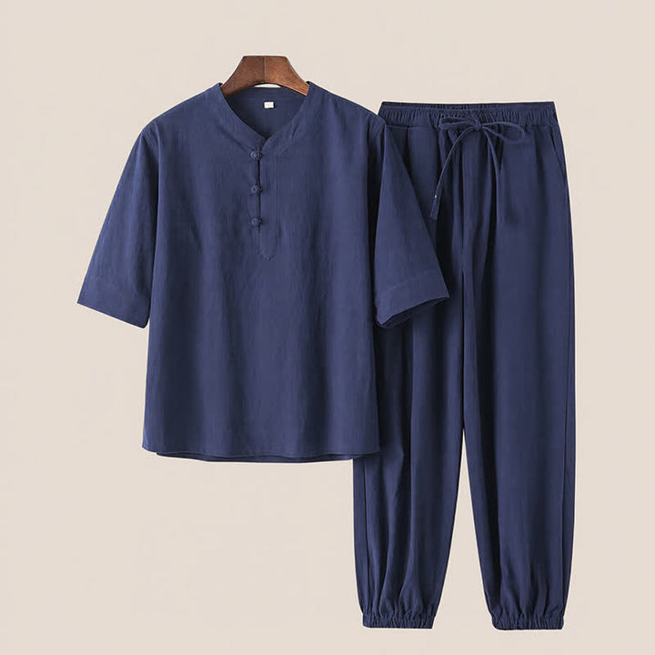 Buddha Stones 2Pcs Spring Summer Tang Style Mandarin Collar Elbow-Length Sleeve Solid Shirt Pants Cotton Men's Meditation Cloth With Pockets - MidnightBlue - US/UK/AU44，EU54 (4XL) - image 16